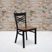 Flash Furniture Hercules Series Black ''X'' Back Metal Restaurant Chair with Cherry Wood Seat XU-6FOBXBK-CHYW-GG